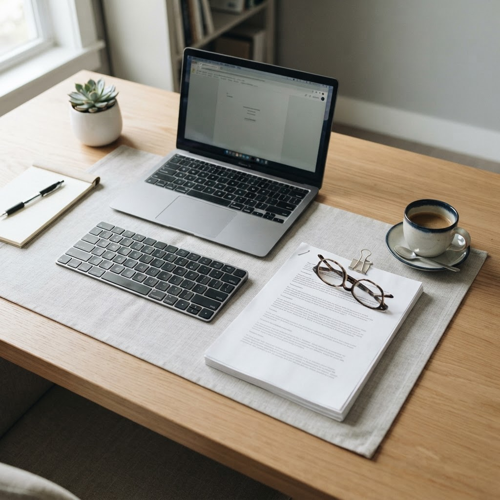 A tidy workspace with a keyboard, printed transcripts, and reading glasses